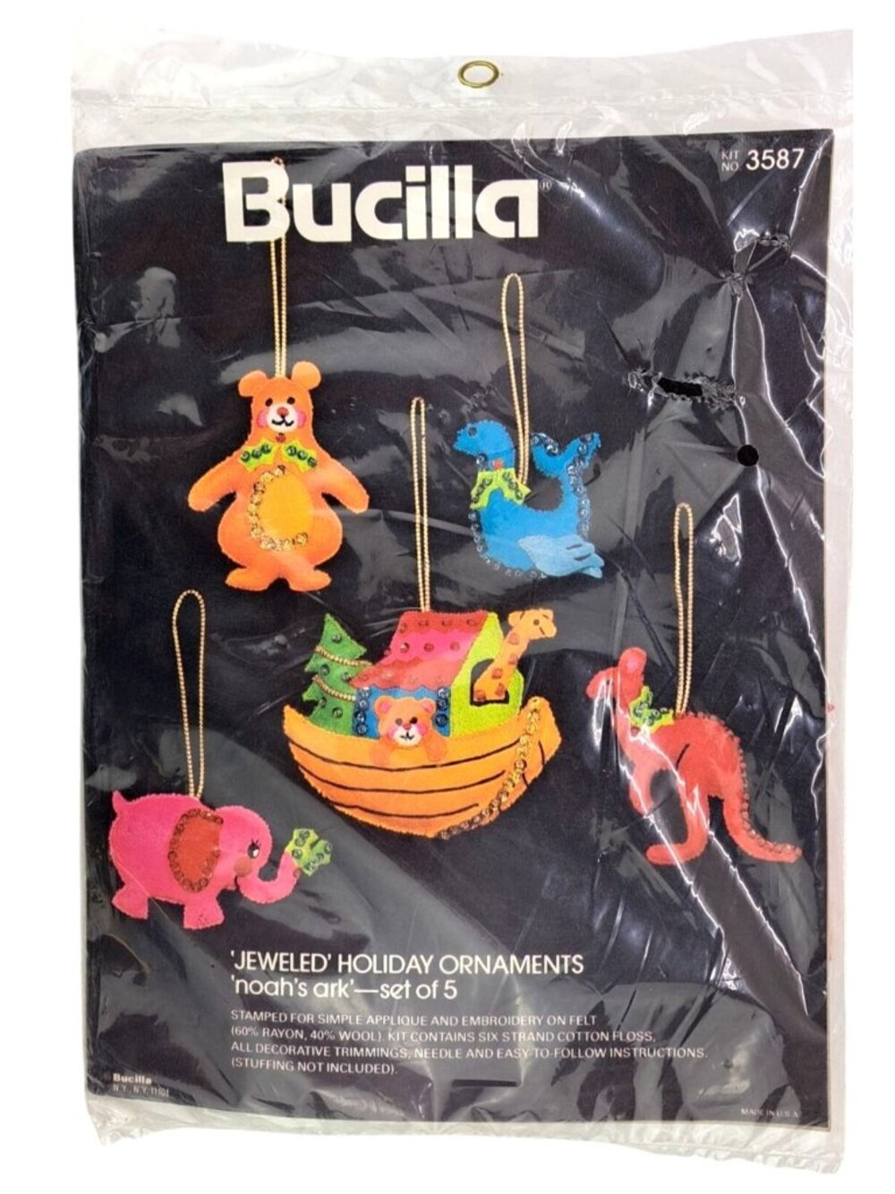 Vintage Bucilla Jeweled Holiday Ornament Kit 3587 Noah's Ark Christmas 1979 Felt